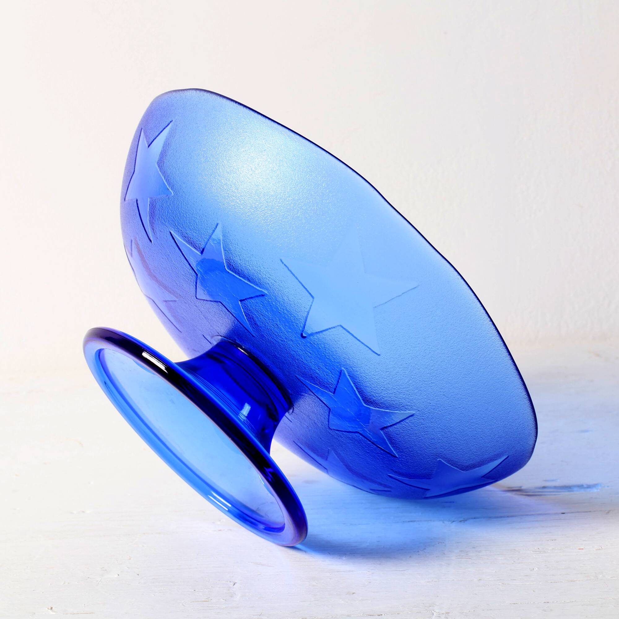 Blue Pressed Glass Pedestal Bowl with Stars Pattern / Italy / 2000s
