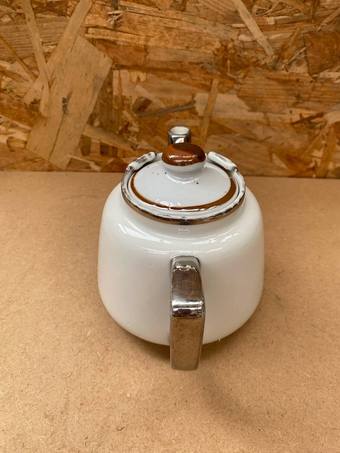 Antique aluminite teapot frugier white & silver ceramic vintage