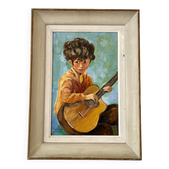 Portrait huile sur toile, jeune garçon jouant de la guitare