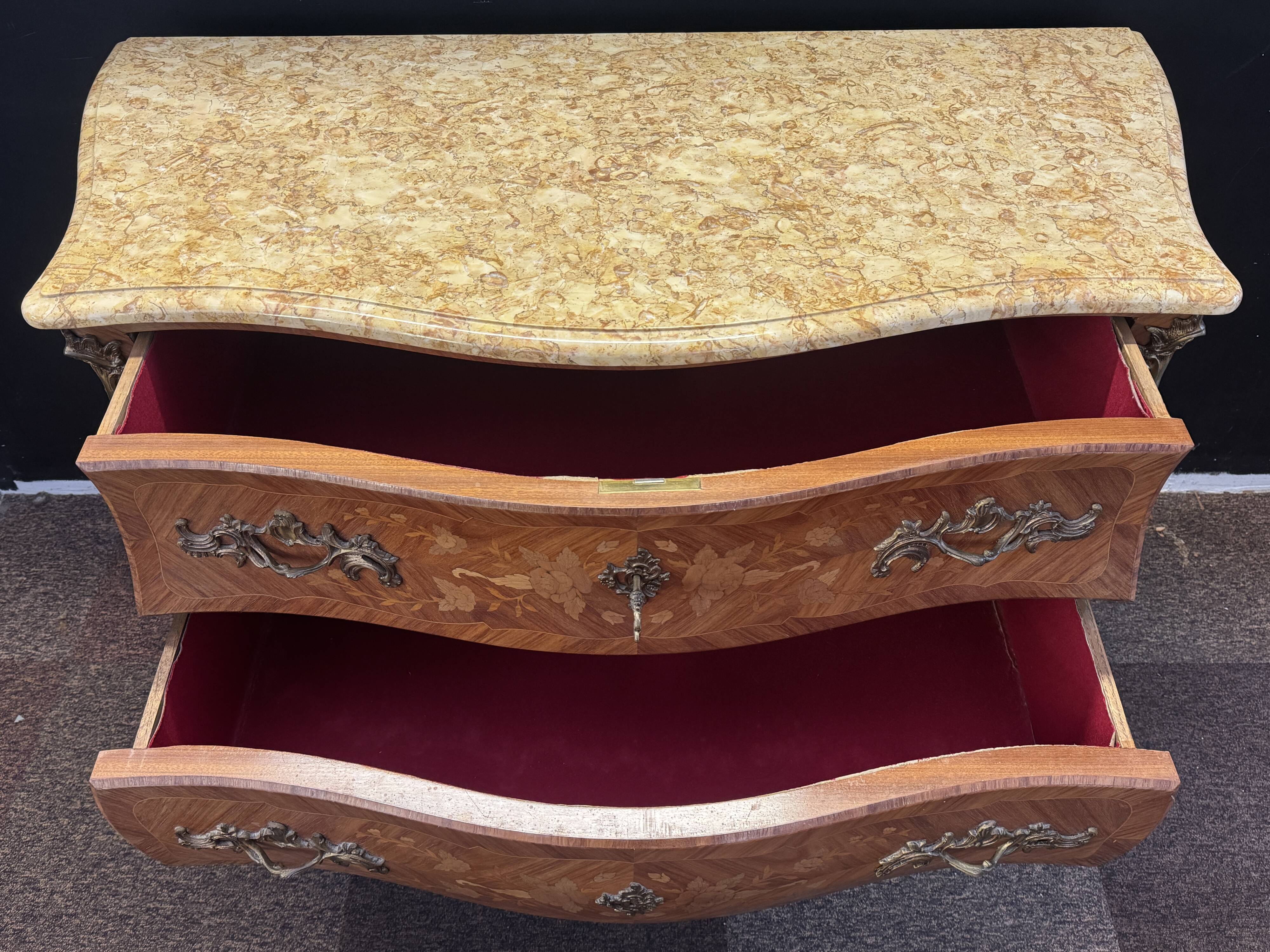 Curved marquetry commode – marble top
