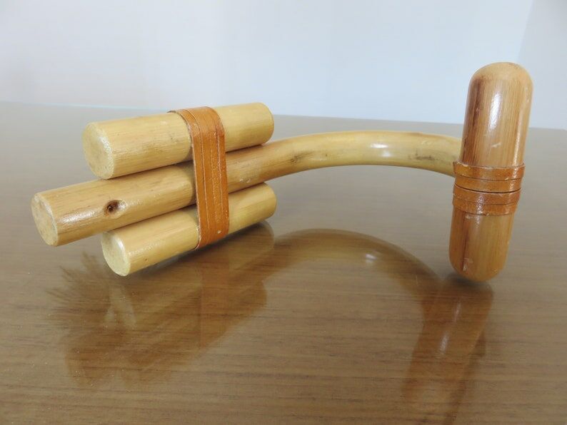 Wooden wall coat door hook with leather straps 60s 70s