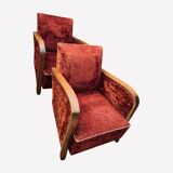 Pair of Art Deco club armchairs in burgundy red velvet, 1930s