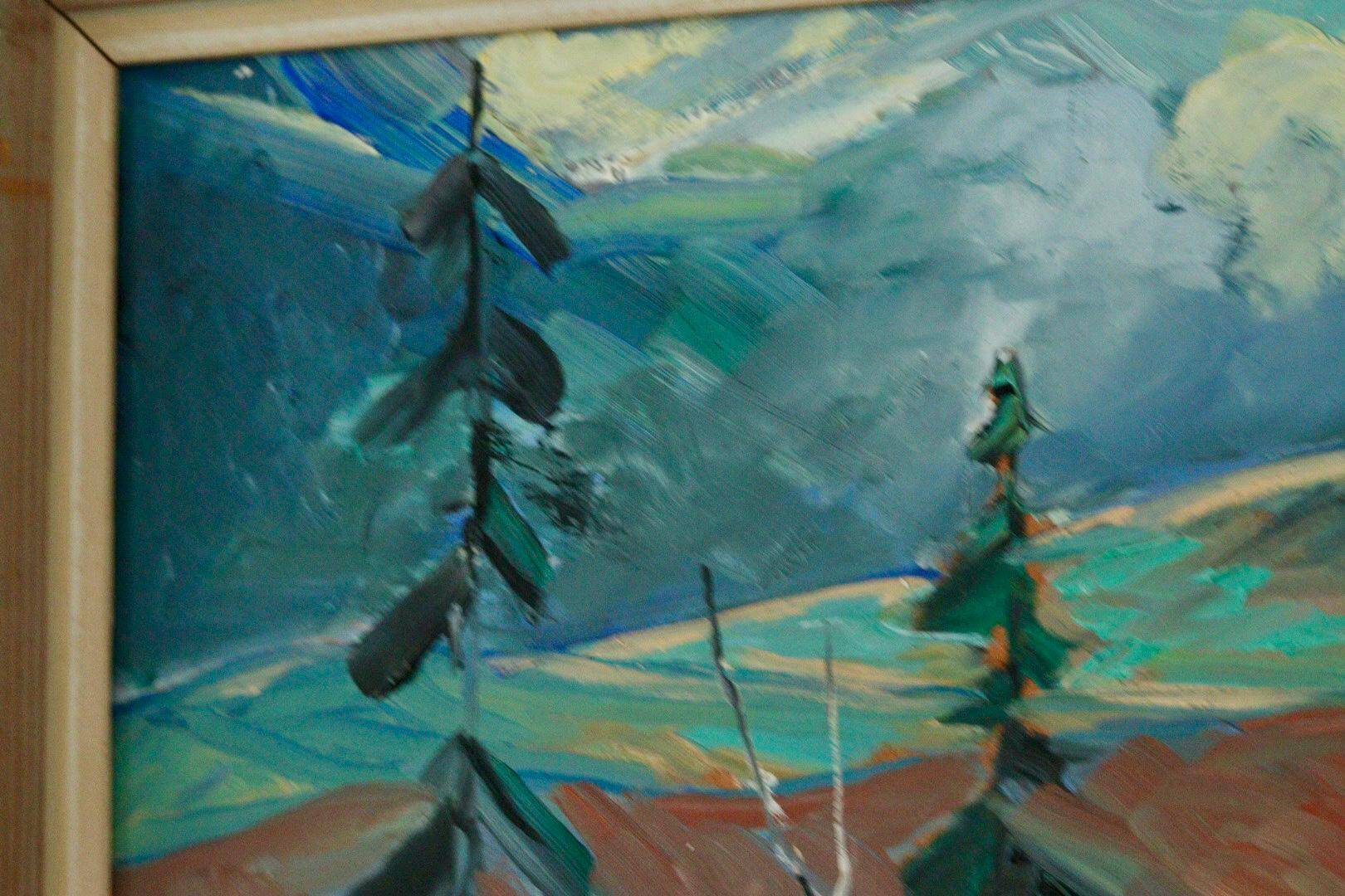 Huile sur panneau originale du milieu du siècle – « Paysage avec montagne »