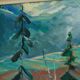 Huile sur panneau originale du milieu du siècle – « Paysage avec montagne »