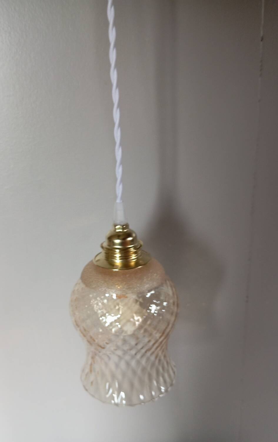 Vintage pendant light, textured amber and granite tulip glass, white twisted cord