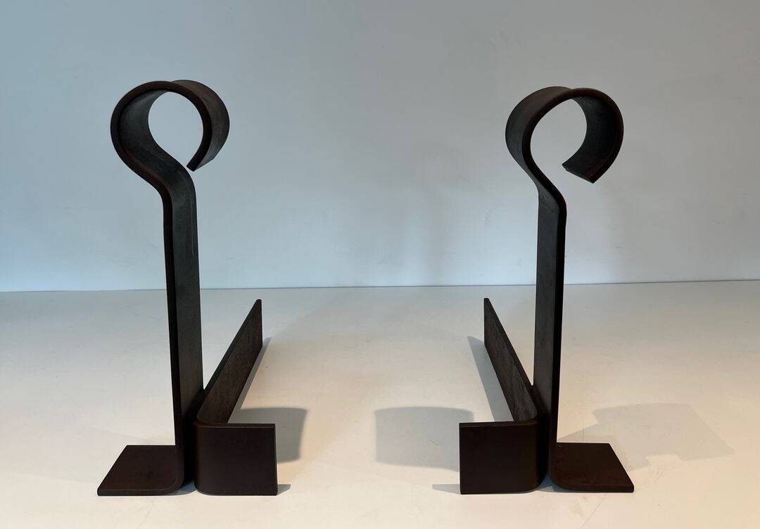 Important Pair of Modernist Wrought Iron Andirons with Ring Finials