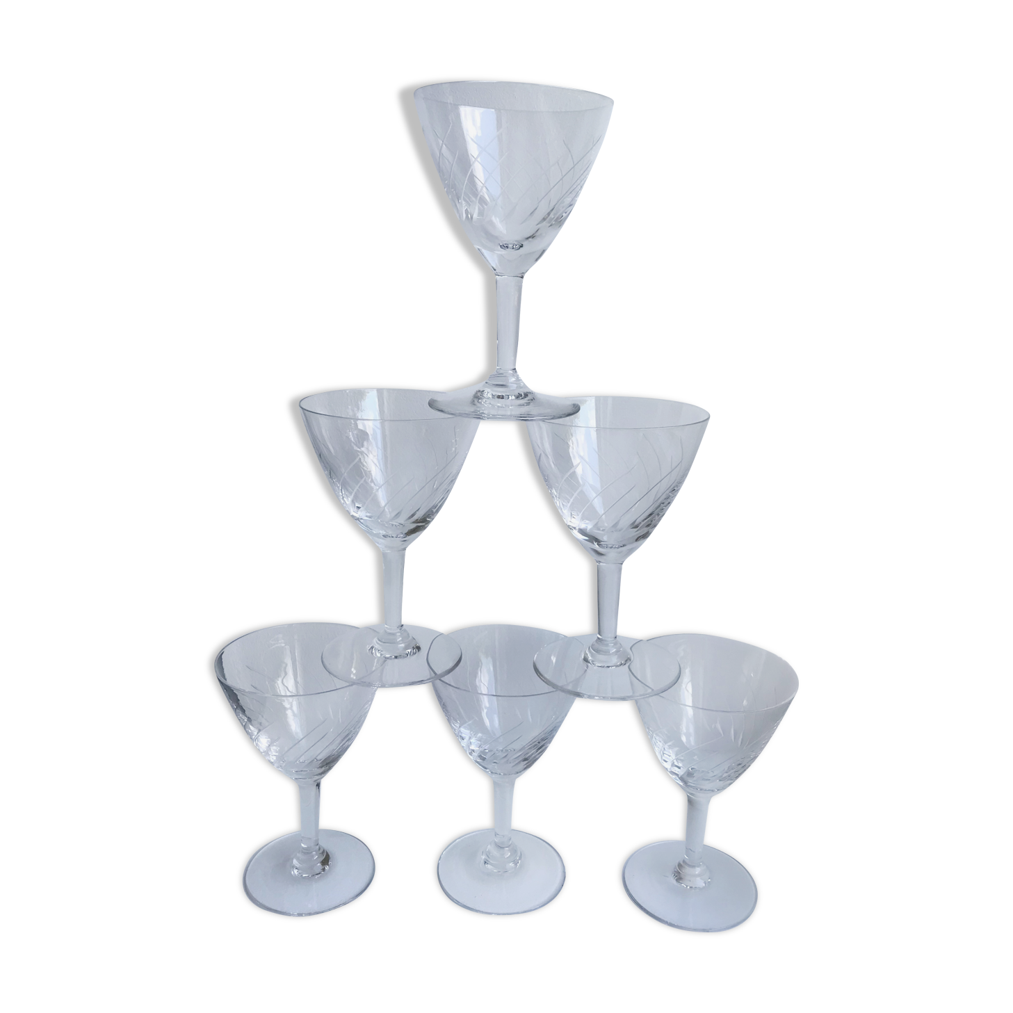 Lot 6 verres à vin en cristal gravé années 50