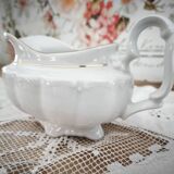 Porcelain sauceboat, white manufacture with double gold line, hand-painted.