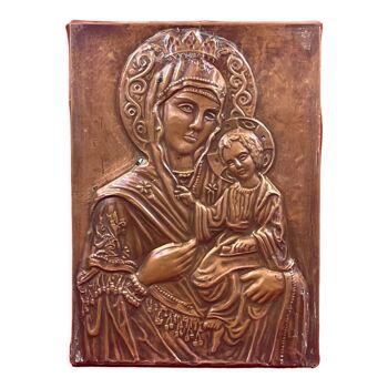 Icône en cuivre repoussé représentant une Vierge à l'Enfant, 20e siècle