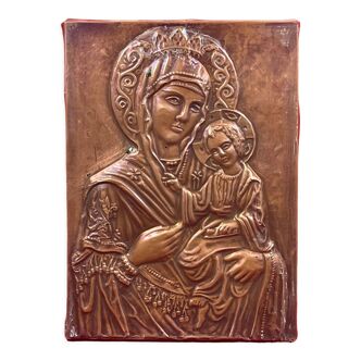 Icône en cuivre repoussé représentant une Vierge à l'Enfant, 20e siècle