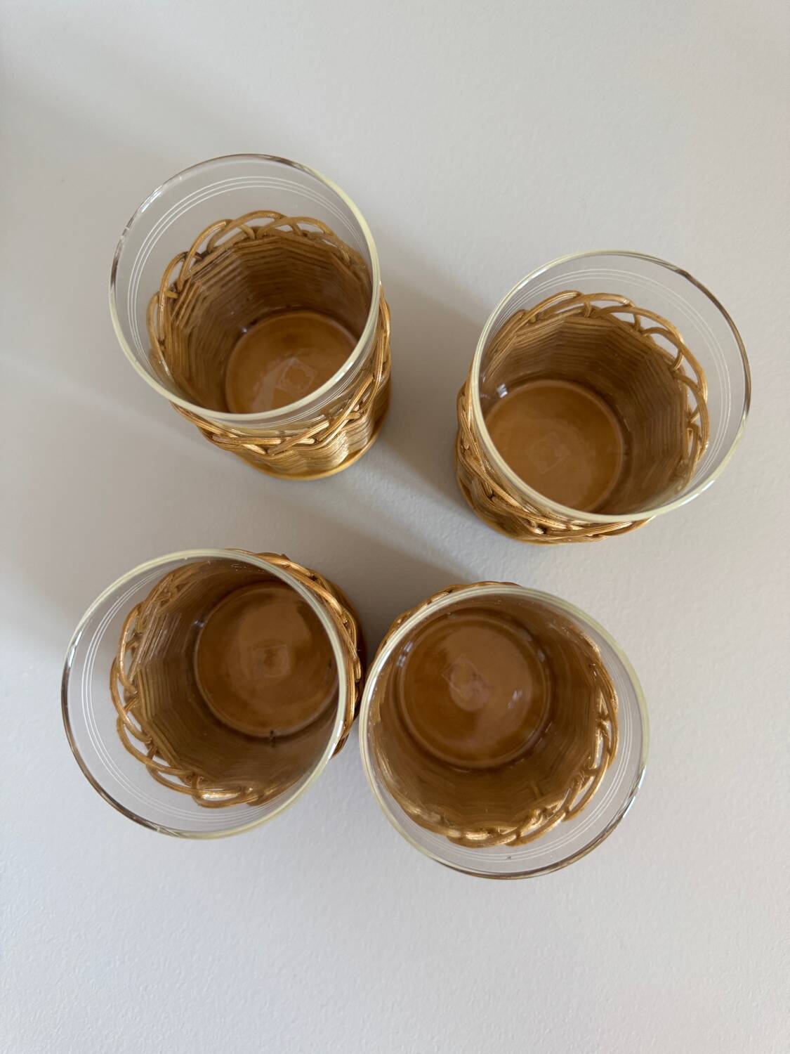 Set of 4 Vintage Set Schott Mainz Clear Glasses With Wicker Cup Holder