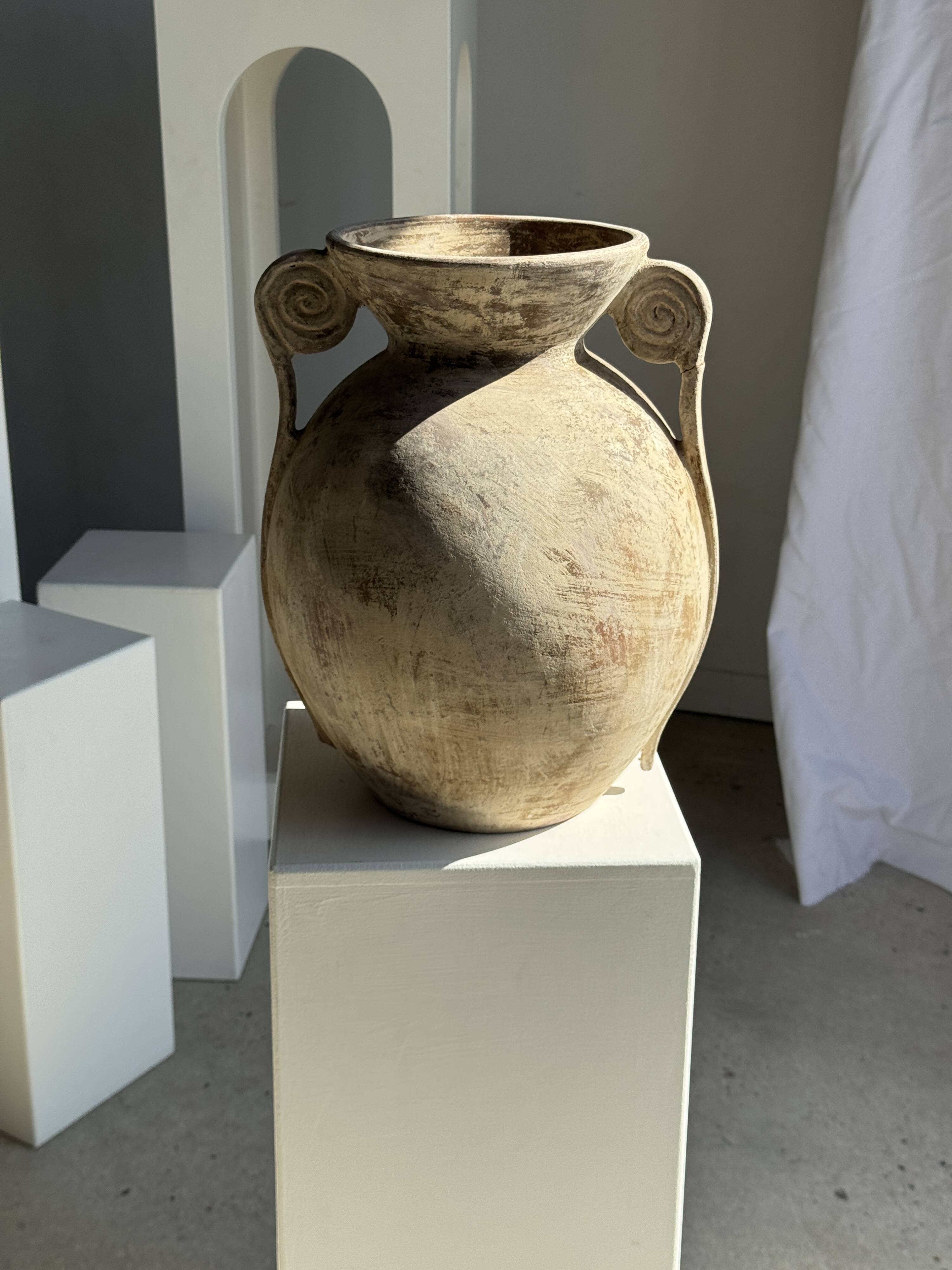 Large cream vase with double spiral handles in antique style, made of terracotta, H42 D3.