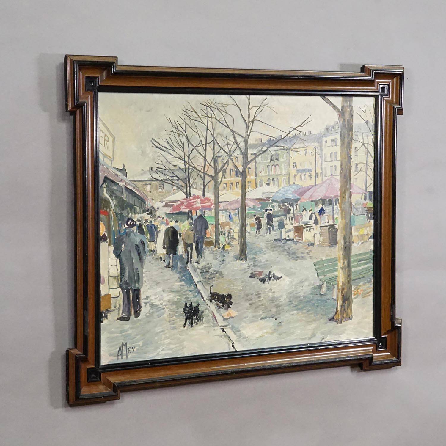 Vintage oil painting of the Viktualienmarkt in winter in Munich by Alexander Michael.