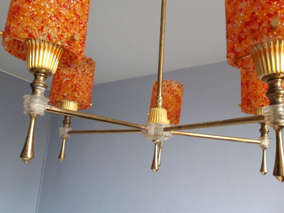 Pendant lamp with 5 tubes of lights in perspex granite orange vintage 60