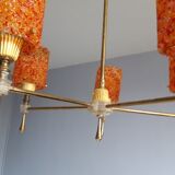 Pendant lamp with 5 tubes of lights in perspex granite orange vintage 60
