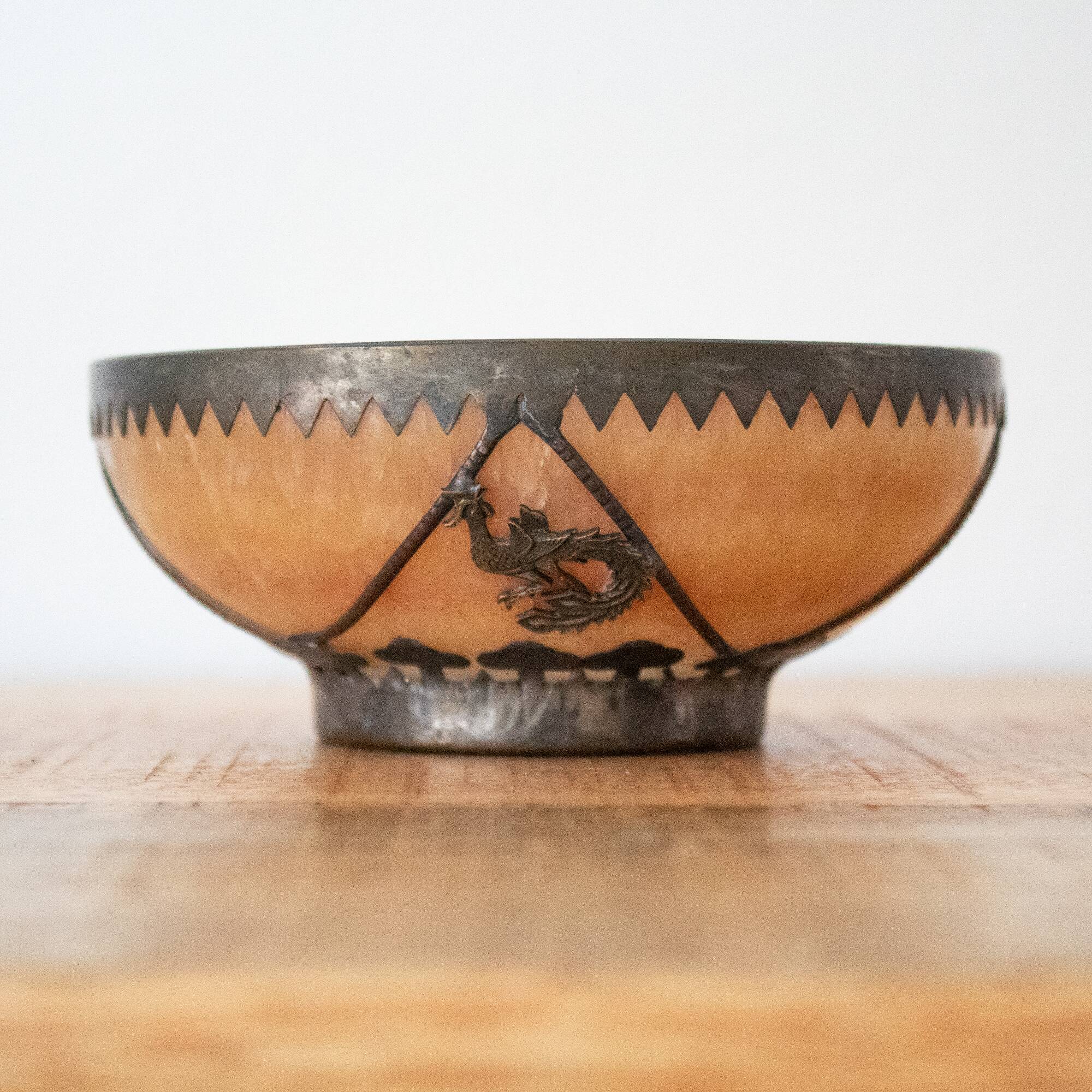 Vintage Oriental Stone Bowl with Metal Dragon and Phoenix Decorations
