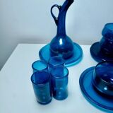 Ensemble verrerie en verre soufflé bleu cobalt – carafe + 4 verres + 3 bols + 4 soucoupes