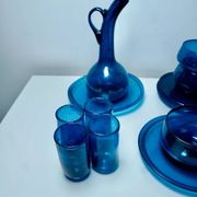 Glassware set in cobalt blue blown glass – carafe + 4 glasses + 3 bowls + 4 saucers