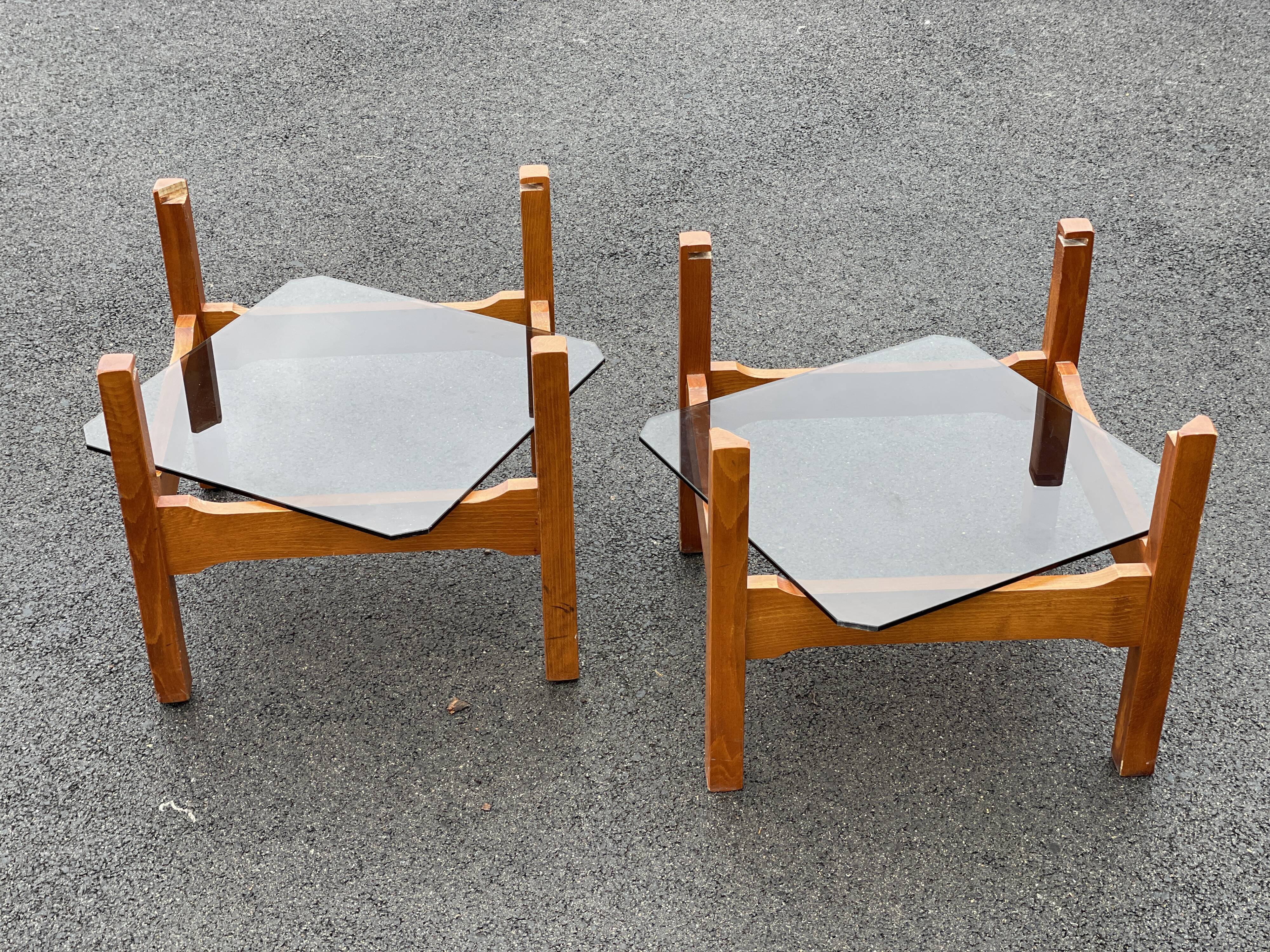 Pair end of sofa vintage wood smoked glass coffee table 1970