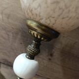 Art Deco lamp 1930 brass, alabaster, Clichy pink glass globe