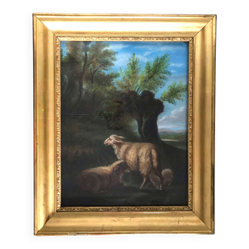 French school, pastel animated landscape with sheep from the early 20th century.