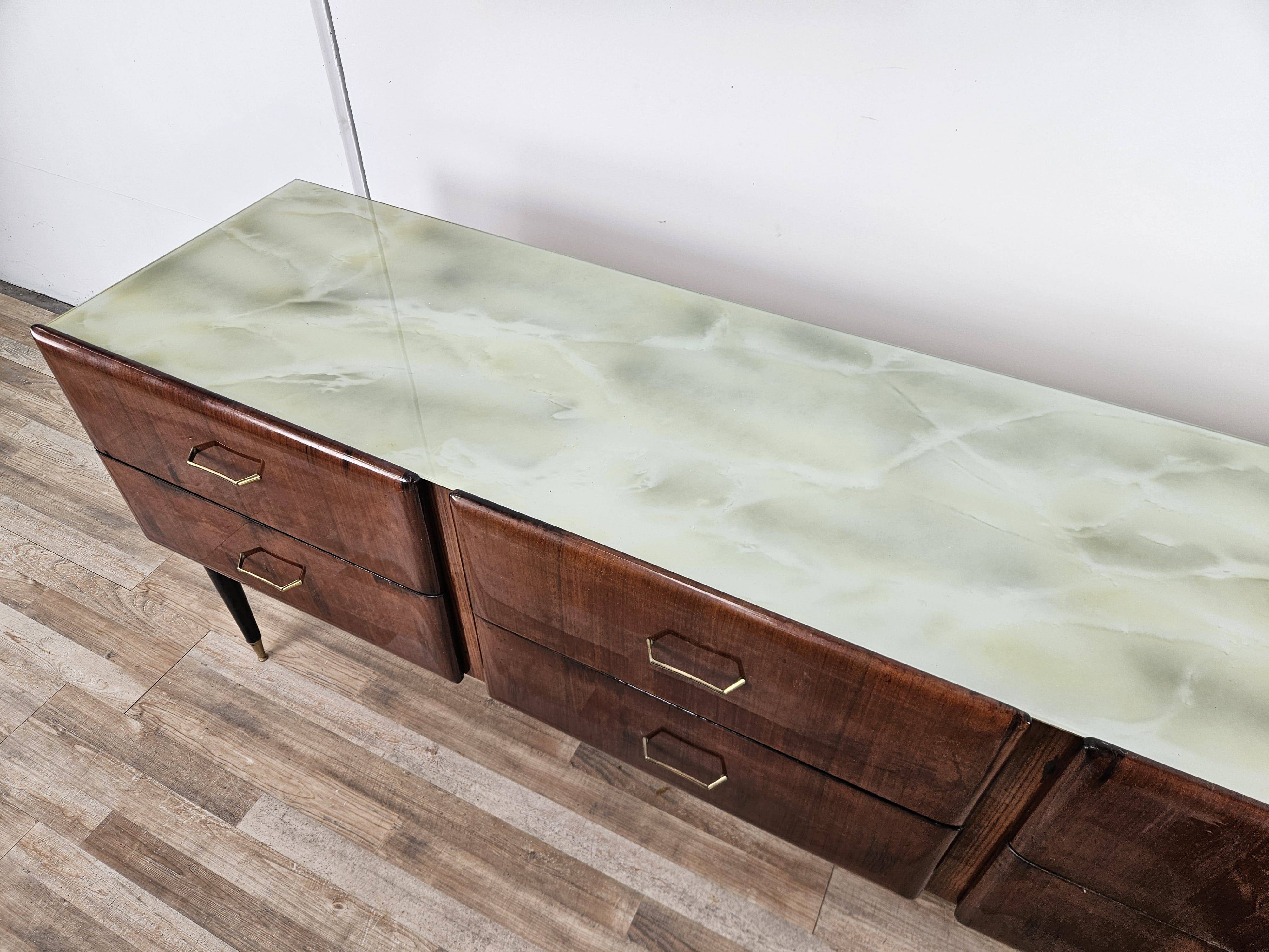 Vintage six-drawer mahogany burl dresser with glass top