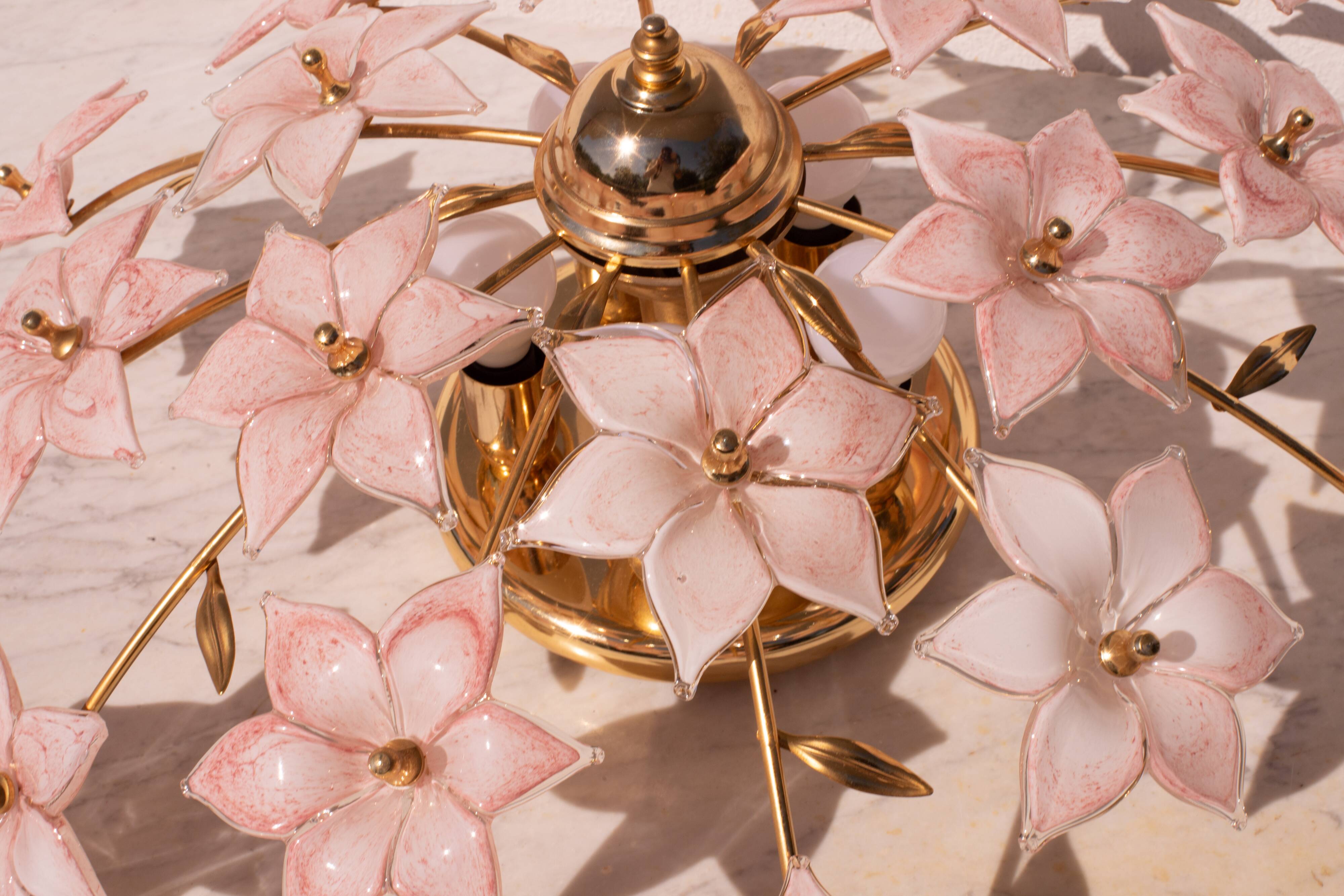 Murano vintage ceiling light pink flowers, 1970s