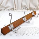 Porte-manteau et porte-chapeaux ancien à 3 crochets en bois et métal, style rustique français, accessoire de salle de bain, France