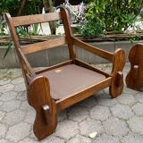 2 Brutalist armchairs in wood and leather 1970