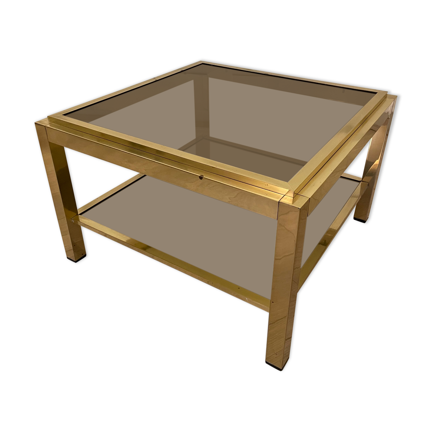 Brass coffee table, double trays in smoked glass, 1970