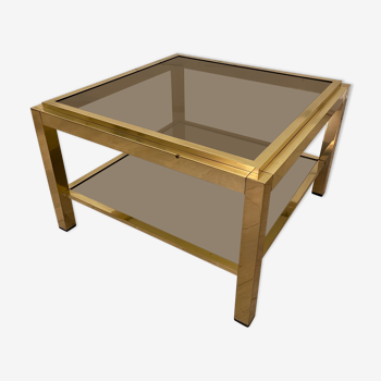 Brass coffee table, double trays in smoked glass, 1970