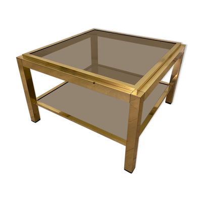 Table basse en laiton double plateaux en verre fumé, 1970