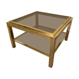 Brass coffee table, double trays in smoked glass, 1970