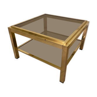 Brass coffee table, double trays in smoked glass, 1970