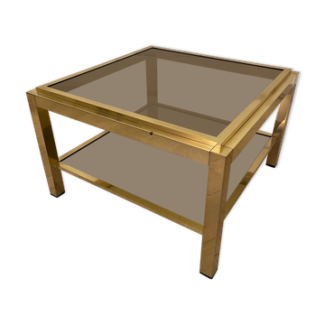 Table basse en laiton double plateaux en verre fumé, 1970