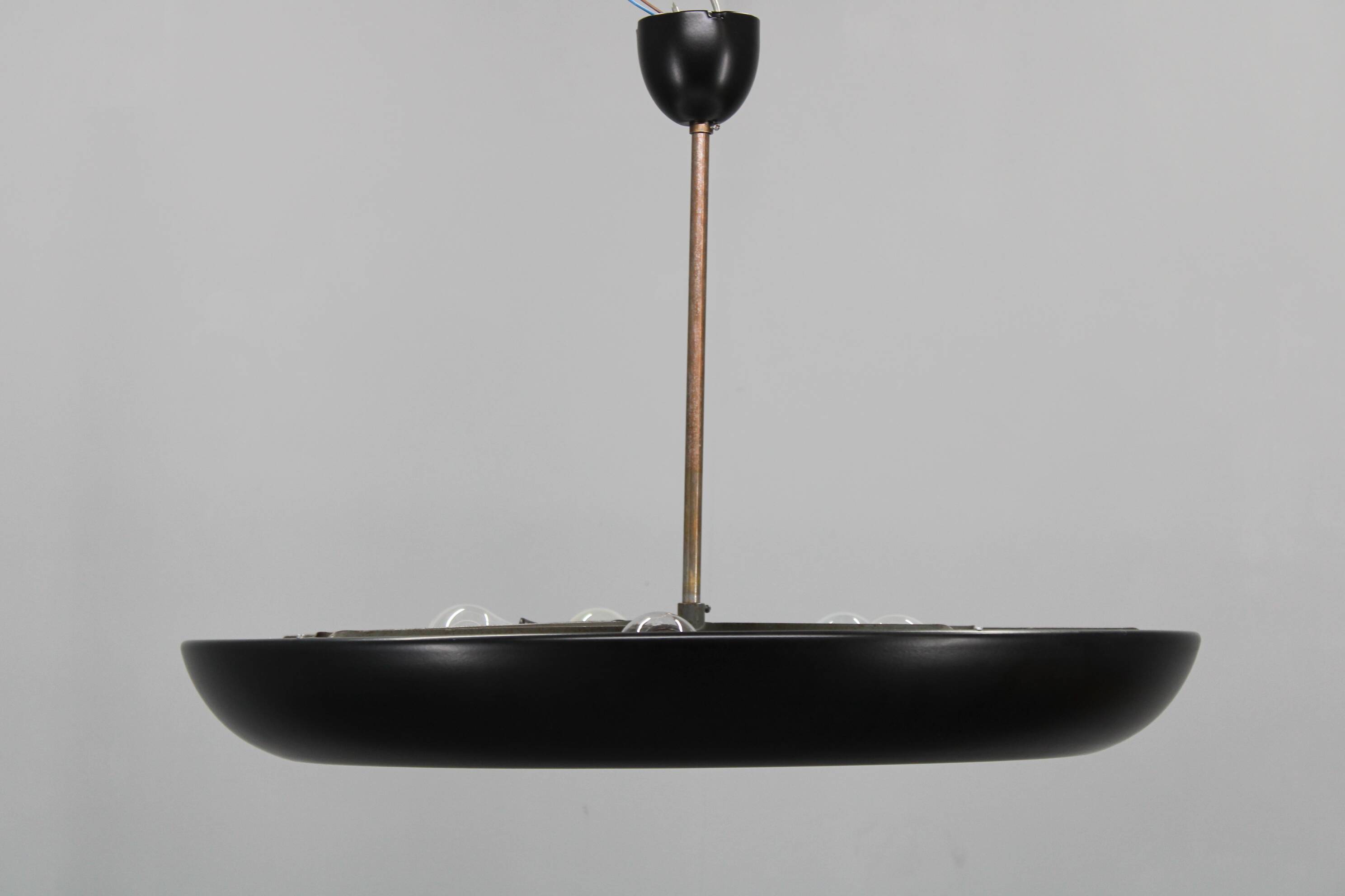1940s Josef Hůrka for Napako Bauhaus UFO pendant light, metal & glass, restored