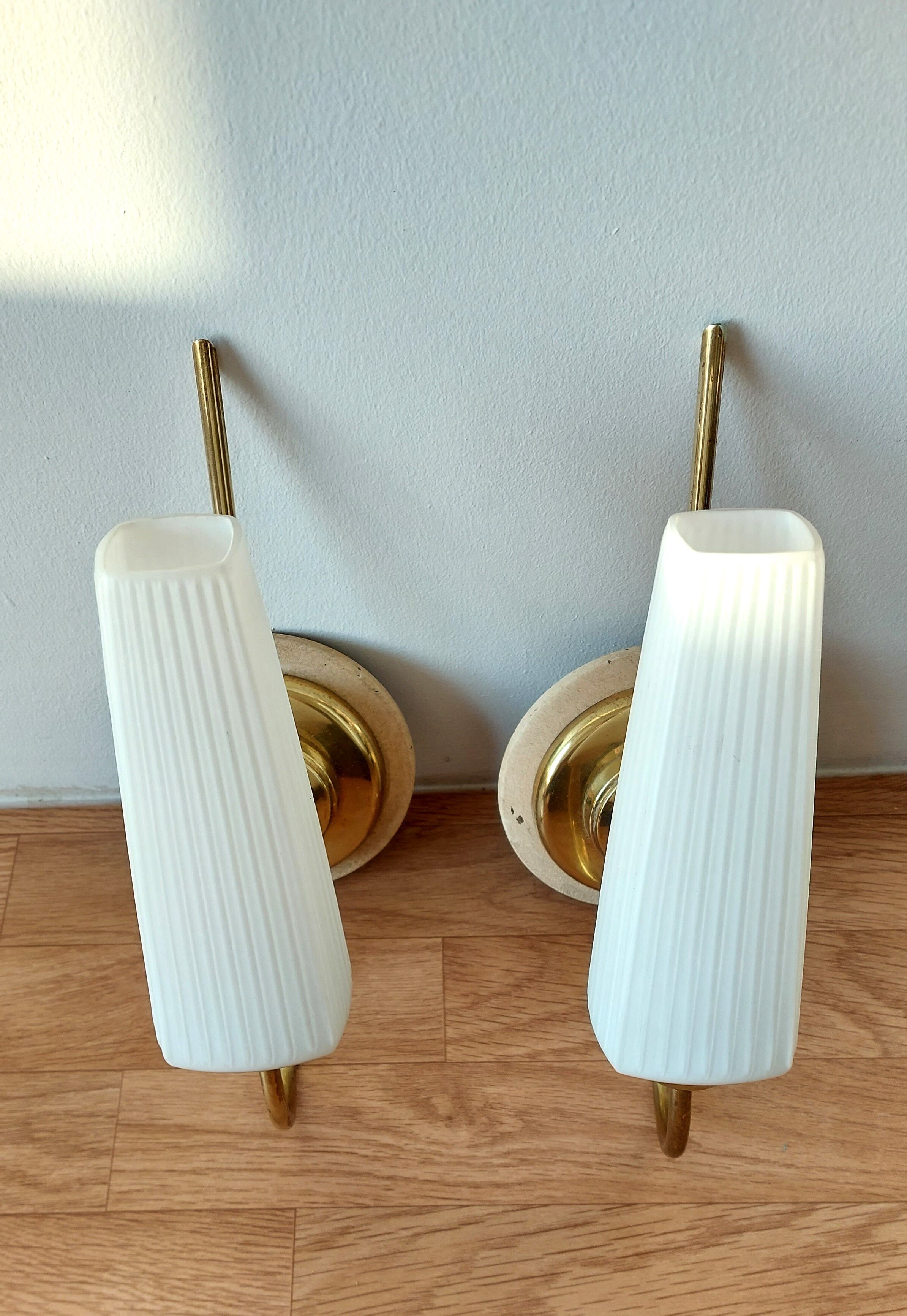 Pair of sconces with a light arm, brass and white opaline 1960.