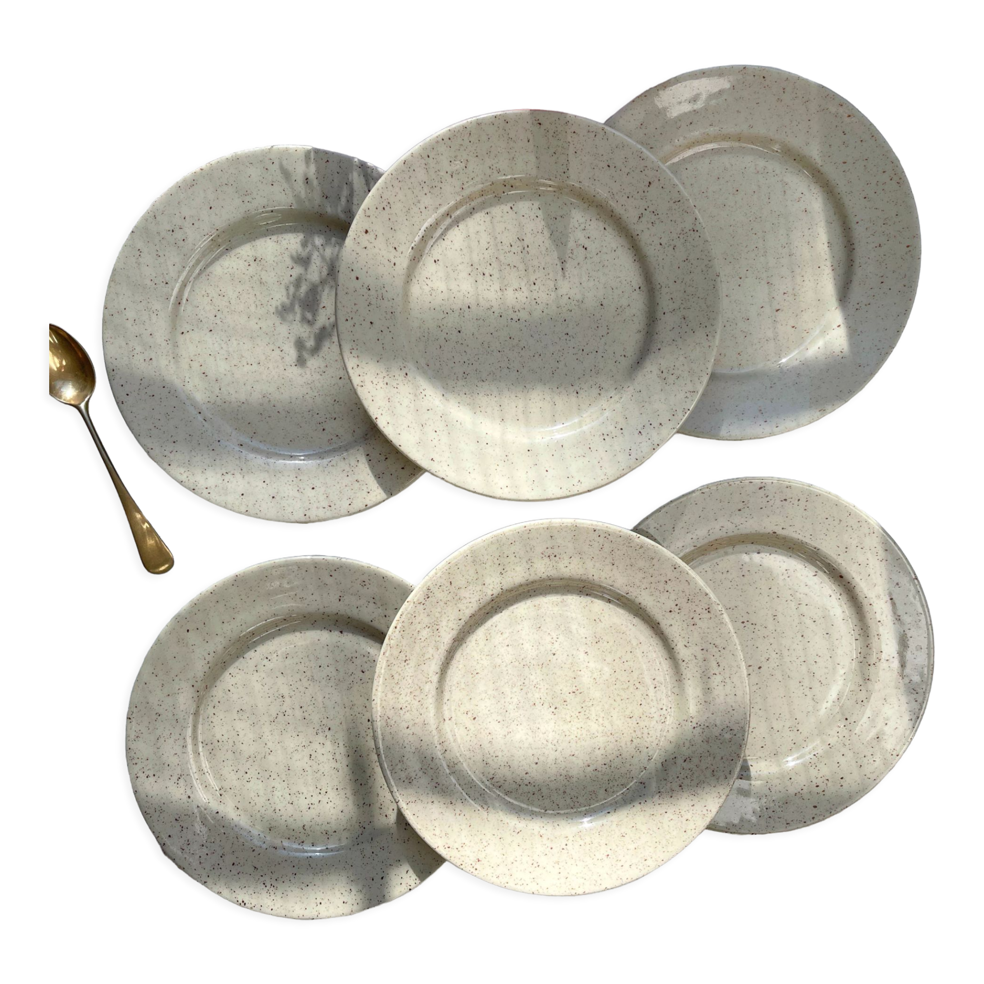 Set of 6 speckled grey stoneware plates 1970