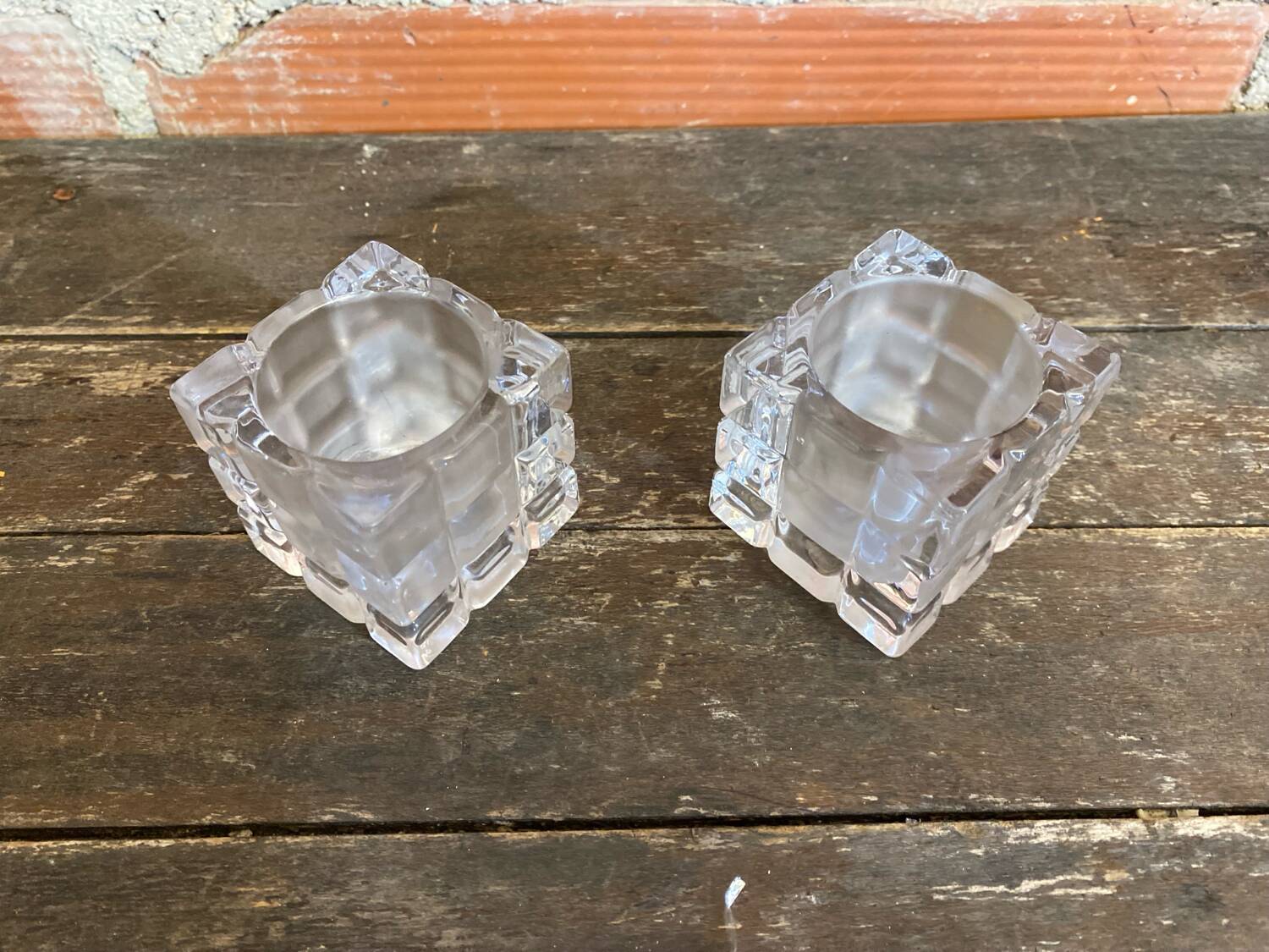 Pair of Modernist Cube Design Candle Holders Moulded Glass 1970s Vintage