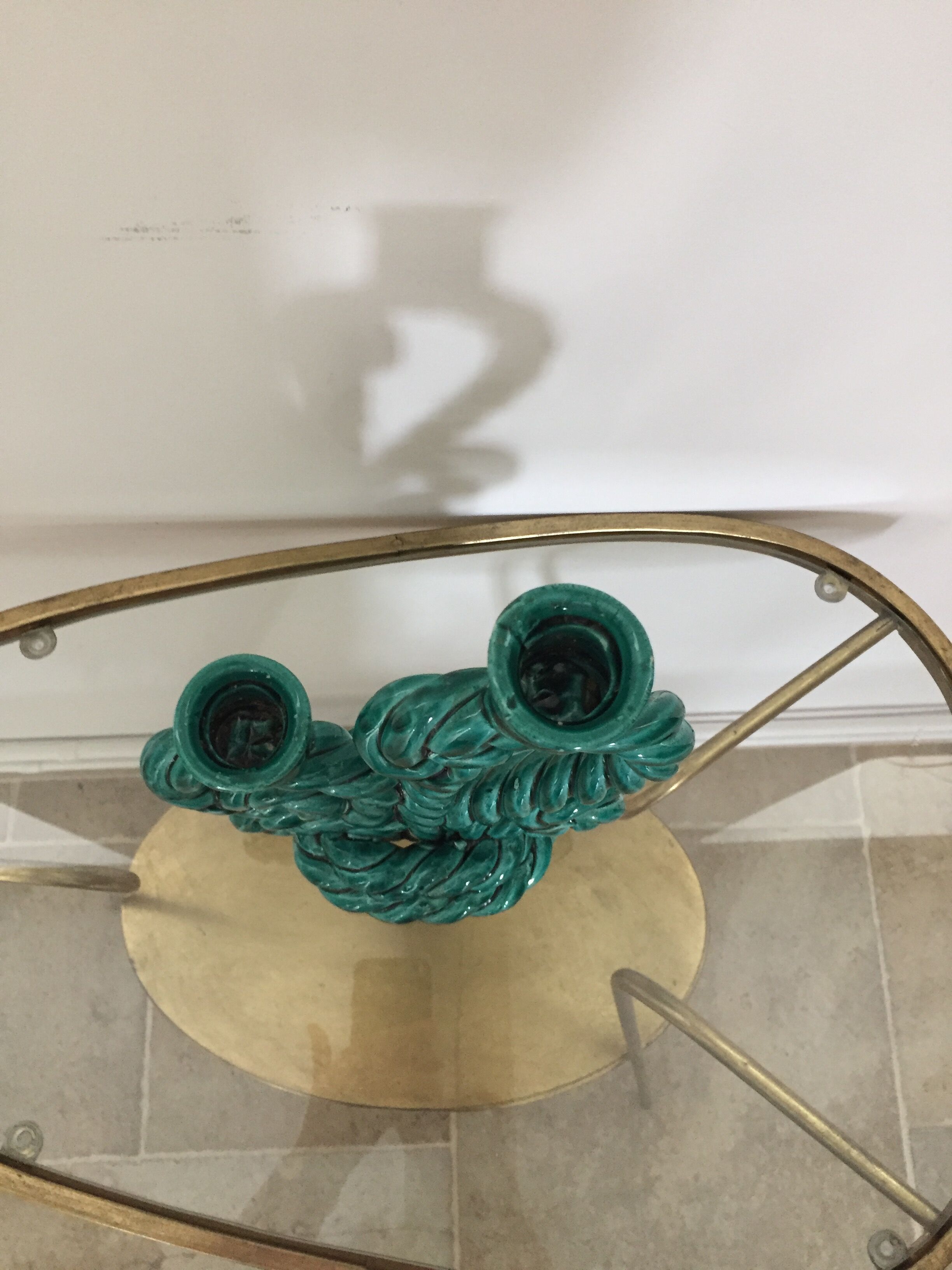 Double candlestick in green twisted ceramic vintage 50s
