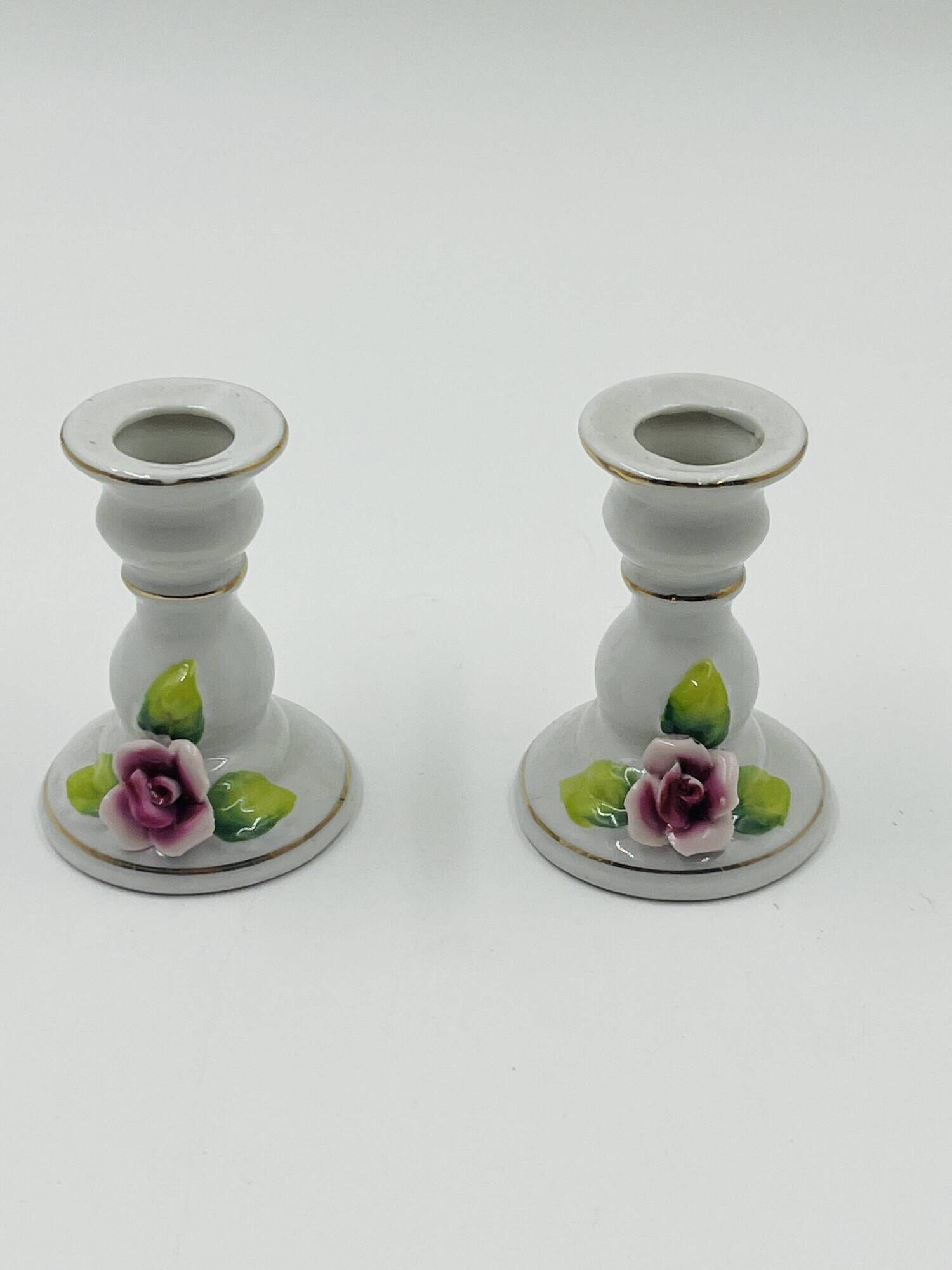 Lot of 2 Vintage Porcelain Candle Holders with Roses