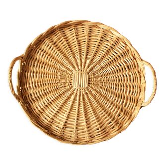 Round wicker tray two handles vintage basketry