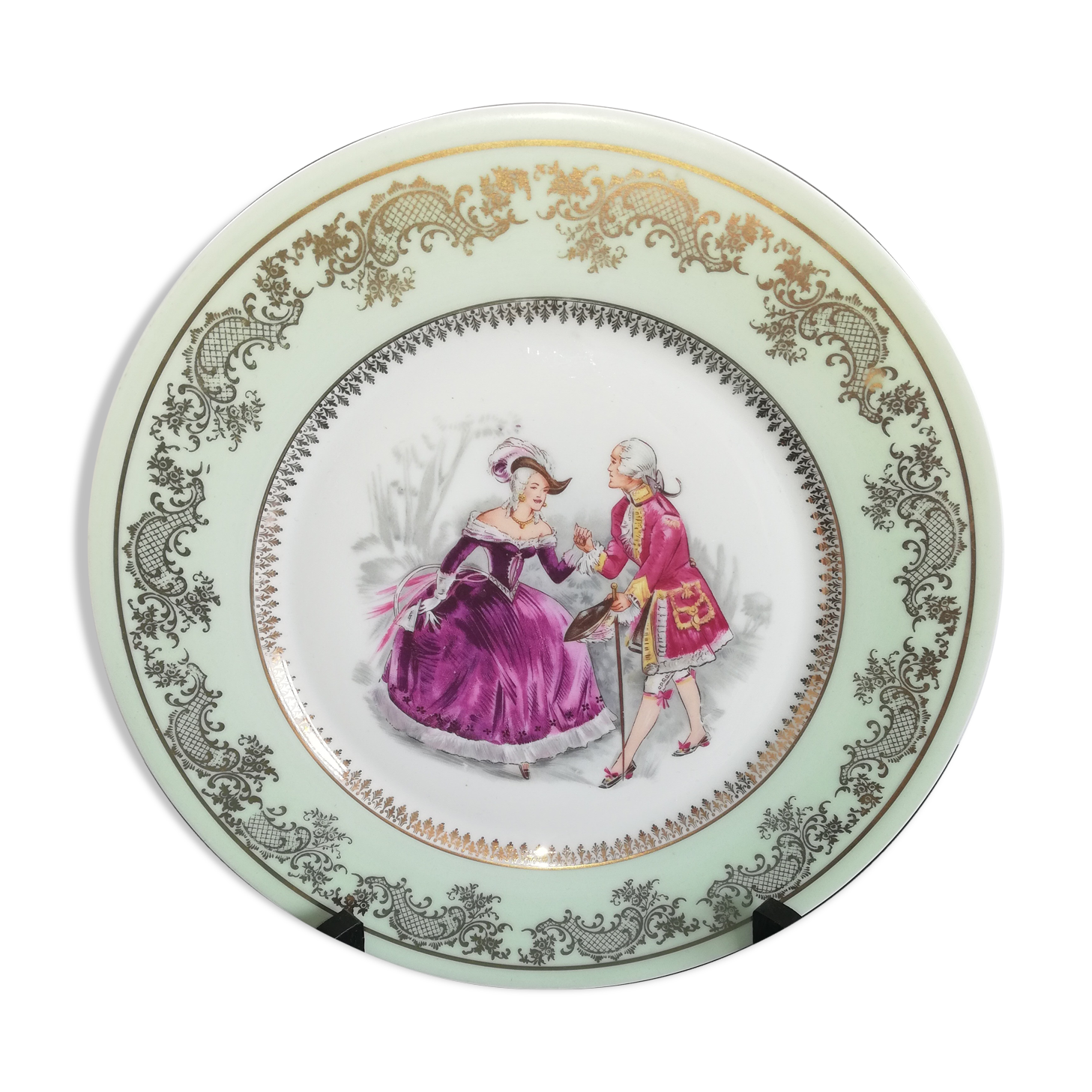 Pale green plate gallant scene Limoges