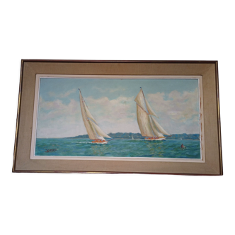 Painting oil canvas regatta signed Jean