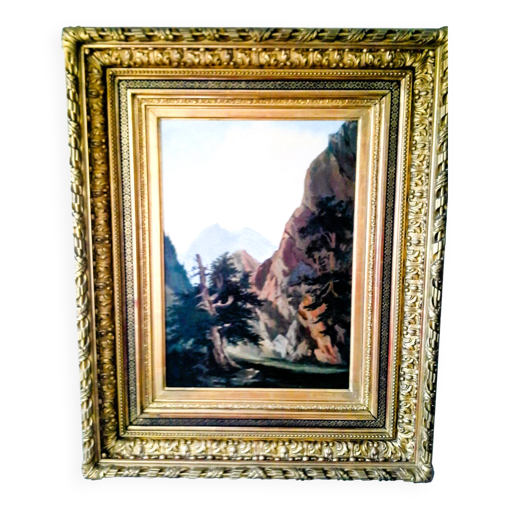 MOUNTAIN LANDSCAPE, 19th CENTURY PAINTING BY PAUL DUPONT, SUPERB FRAMING