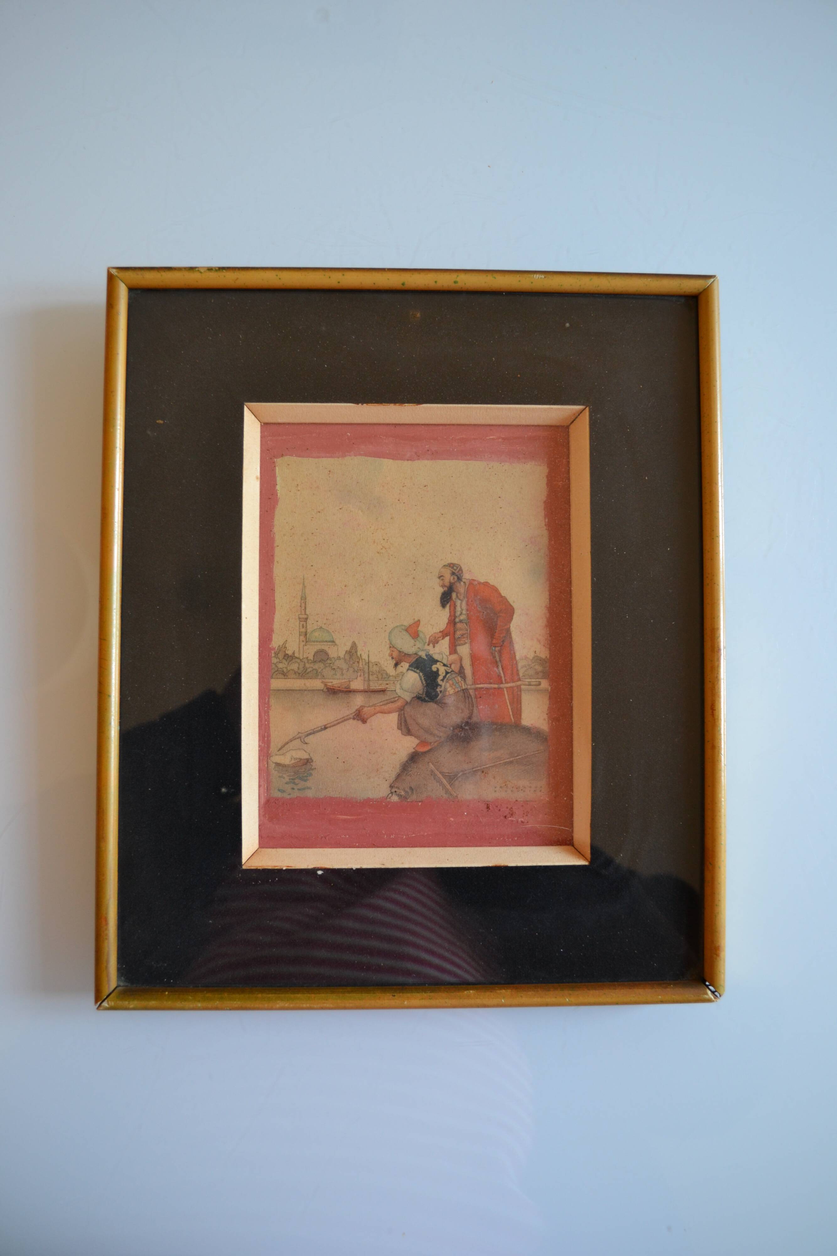 Orientalist watercolor print framed and under glass