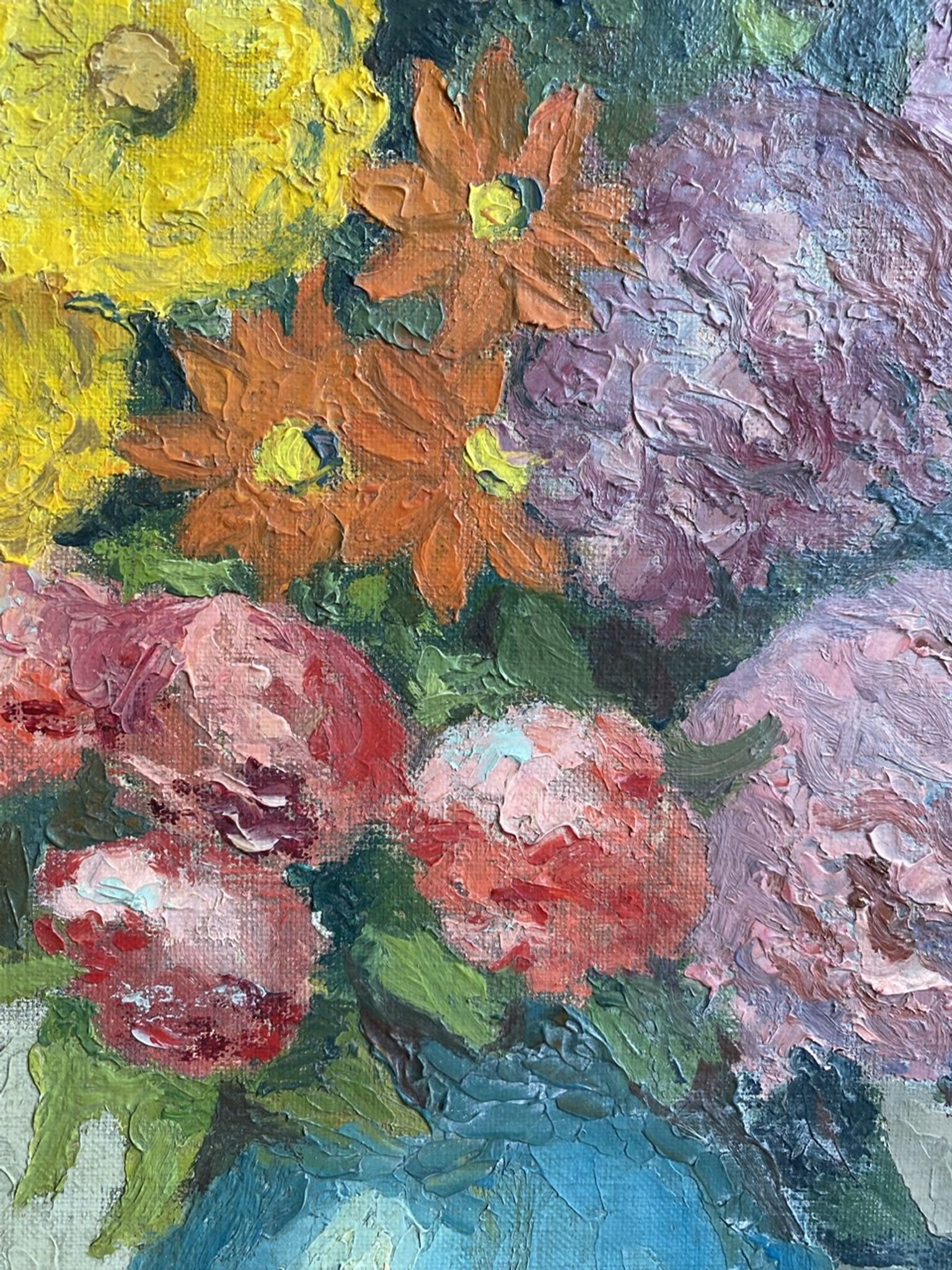 Antique painting, still life with blue vase and flowers, mid-20th century