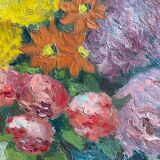 Antique painting, still life with blue vase and flowers, mid-20th century