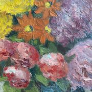 Antique painting, still life with blue vase and flowers, mid-20th century