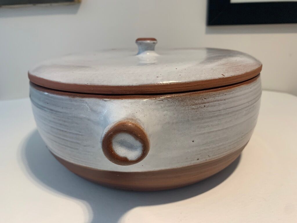 LARGE COVERED DISH SANDSTONE BY PUISAYE JEANNE AND NORBERT PIERLOT 1960